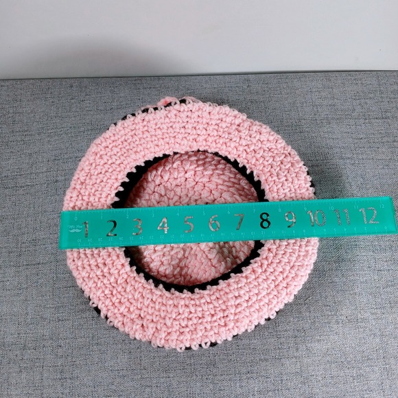 Handmade Crochet Flower Bucket Hat OS Pink Black Coquette Y2K Scalloped Brim - Picture 2 of 10